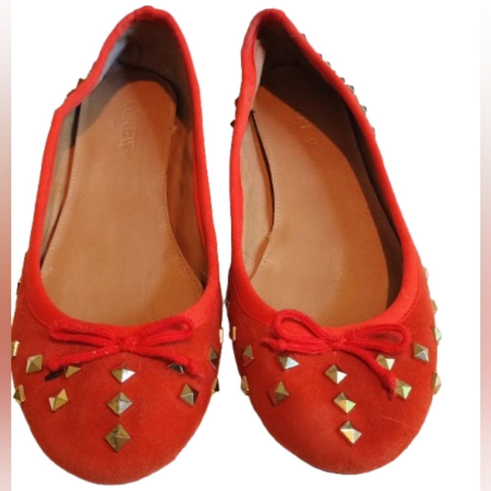 J.Crew Womens Ballet Flats Shoes Orange Suede Slip On Studded Round Toe Bow - Picture 2 of 16